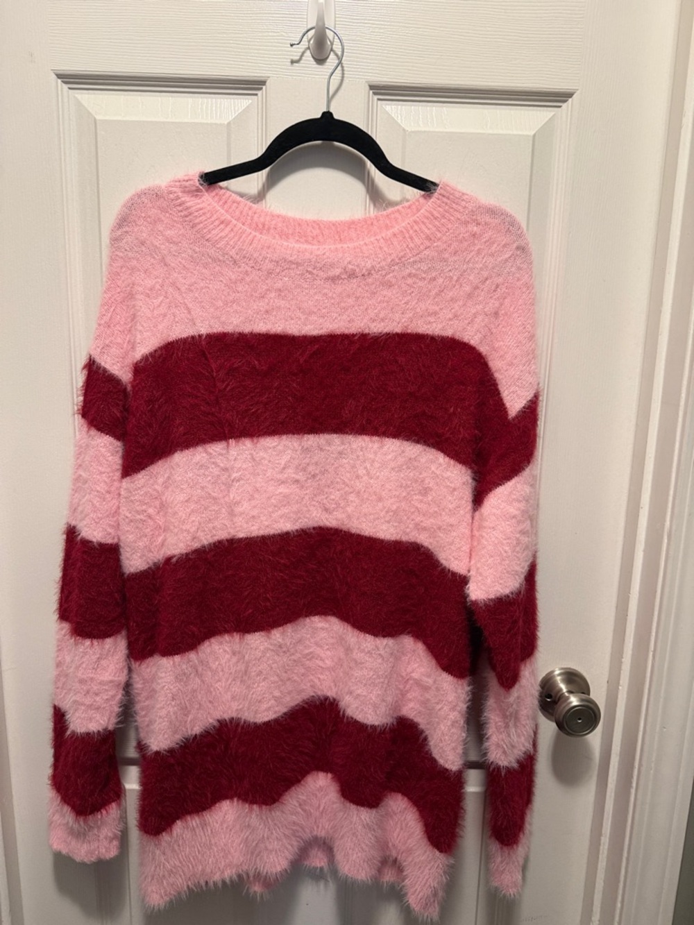 Universal Thread Pink and Burgundy Fuzzy Striped Crewneck Sweater